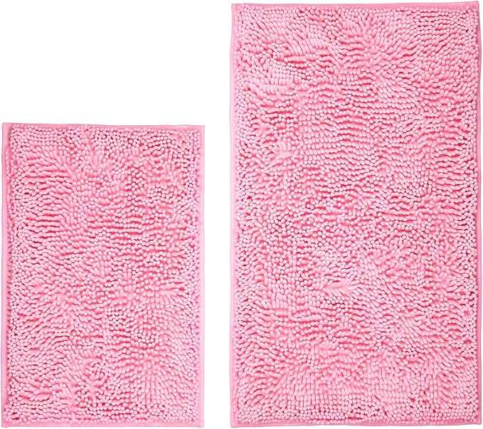 Bathroom Rugs Sets 2 Piece Washable, Luxury ,Chenille Bath Mat Set, Soft Plush Anti-Slip Rectangular Bath, Rug Super Absorbent. (Pink, 32"x20"+24"x16")
