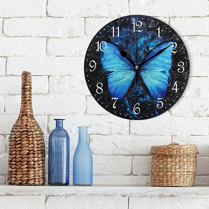 ALAZA Stylish 3D Blue Butterfly Round Wall Clock Battery Operated Quartz Galaxy Quiet Home Kitchen Decor Wall Clocks 10 Inch
