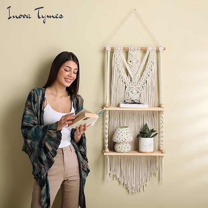 Macrame Wall Hanging Shelf - Boho Shelves Bedroom Decor | Macrame Wall Decor for Kitchen, Plant Hanger Shelves for Wall, Woven Rope Floating Shelves & Home Storage Organizer - 2 Tier