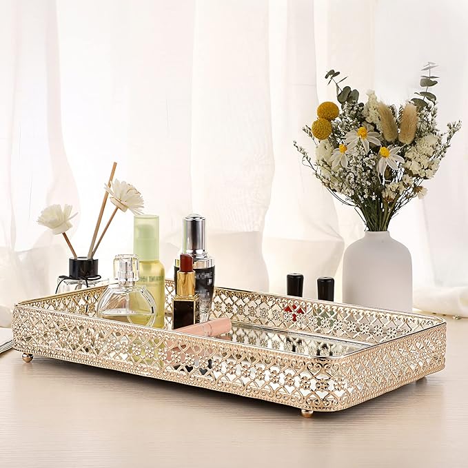 ELLDOO Gold Perfume & Makeup Vanity Tray - Hollow-Carved Jewelry Storage, Glass & Metal Trinket Organizer for Dresser & Bathroom Countertop, Large Size