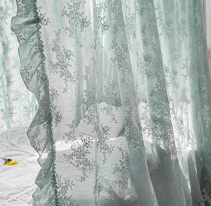 Mengersi Canopy Bed Curtains with Tie Backs,Bed Canopy Curtains Bed Drapes Sheer Lace Curtains for Bedroom Decor(King,Sage Green