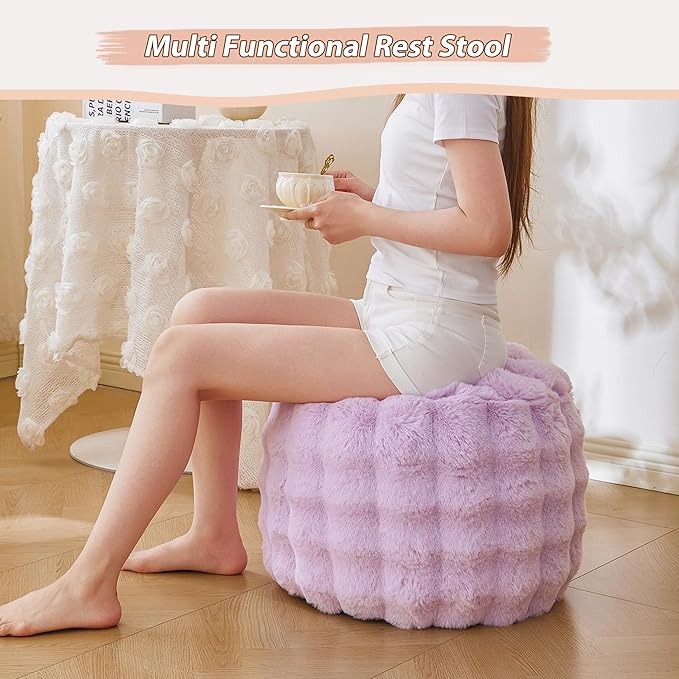 LIFEREVO Faux Rabbit Fur Round Inflatable Pouf Ottoman, 20 X 16 Plush Waffle Bubble Floor Poufs Foot Rest Living Room Bedroom, Light Purple Furry Pouf Foot Stool for Girls Adults, Anti-Slip, Lavender