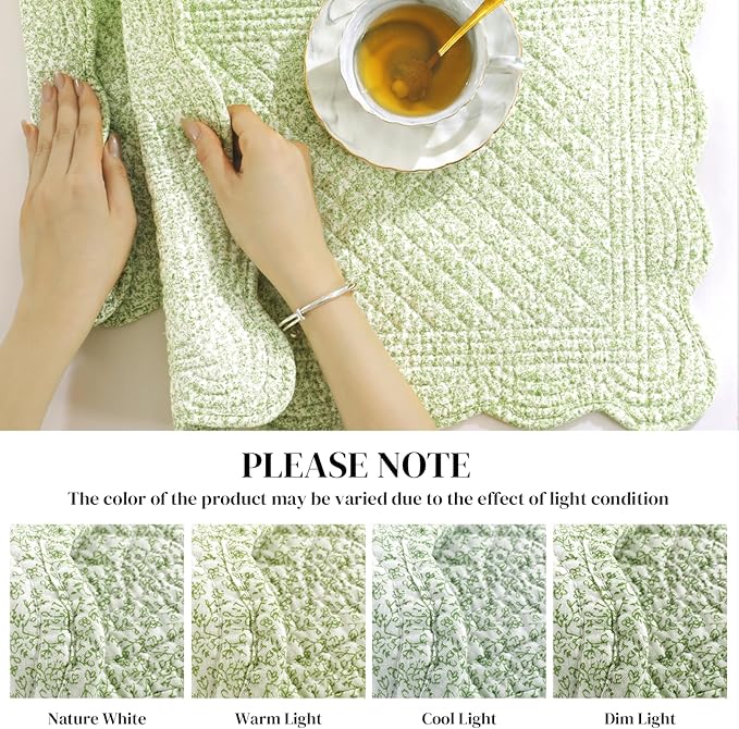 HOMBYS Quilted Placemats Set of 6 Washable-13x18 inches Rectangular Placemats for Kitchen Table-100% Cotton Fabric Rectangular Table Mats, (White with Light Green)
