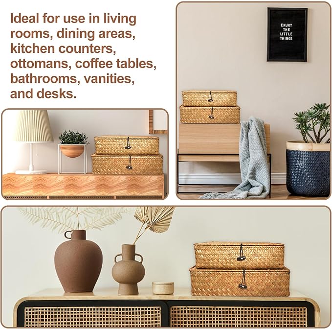 5 Pcs Seagrass Basket with Lid 5 Sizes Decorative Storage Boxes Rattan Wicker Storage Basket with Lids Woven Organizer Baskets Multipurpose Flat Storage Bins for Shelf Closet Bedroom (Brown)