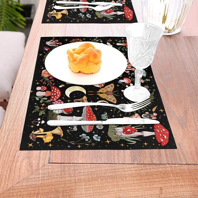 Mushroom Placemats Set of 4, Moth Gothic Witchy Table Mats, Heat Resistant Washable Placemat for Kitchen Dining Tables Decor, Black and Red Linen Place Mats 12"x18", Witchy Gifts for Women