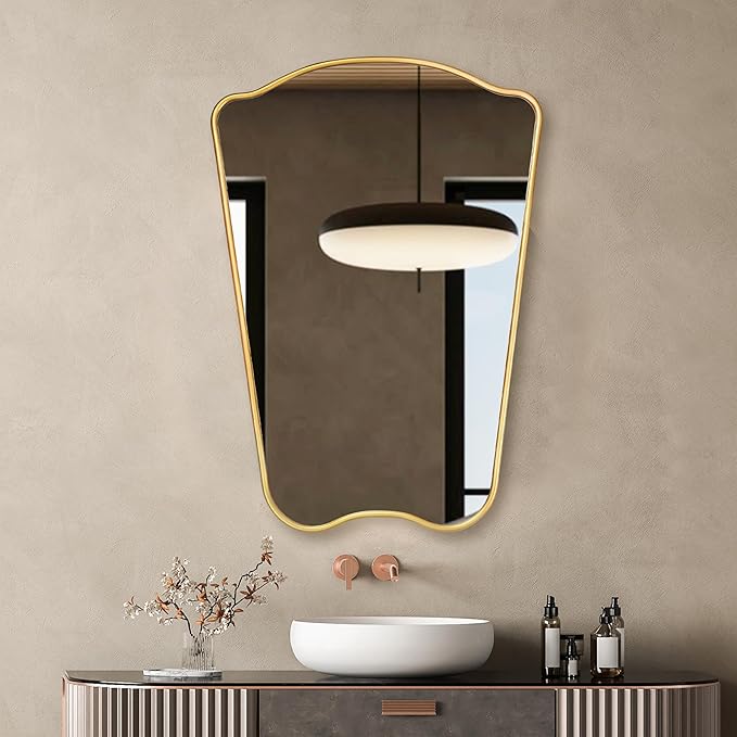 PERFNIQUE Gold Bathroom Mirror Irregular Wall Mirror, 32'' x 23'' Wood Framed Mirror, Decorative Vintage Mirror, Modern Vanity Mirror for Over Sink Bathroom Living Room Entryway, Modern Wall Decor
