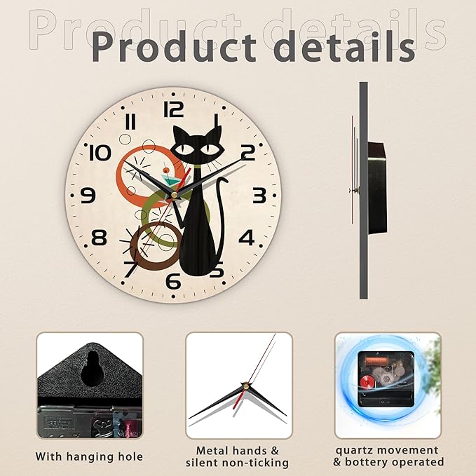 Wall Clock, Black Cat Wall Clocks Wooden Wall Clock Art Hanging Clocks Silent Non-Ticking Wall Clock Battery Operated Round Home Arabic Numeral Decorative Wall Clocks 10 Inch