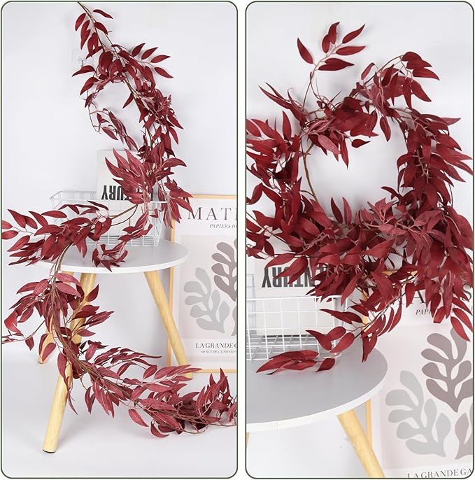 Fake Hanging Willow Leaves Vines 4Pcs 5.7Ft Artificial Willows Vine Twigs Silk Leaf Ivy Faux Greenery Fall Garland Indoor Outdoor Valentines Day Wedding Birthday Thanksgiving Party Decor(Burgundy)