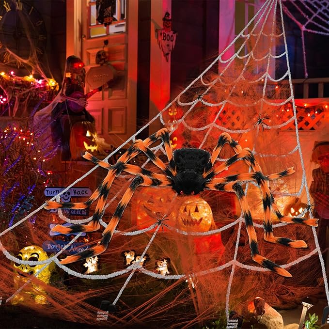 Halloween Spider Web and Giant Spiders Decorations Set Triangle Spider Web & Realistic Scary Fake Large Hairy Yellow Spider Props for Indoor/Outdoor Porch & Yard Parties Haunted House Halloween Décor