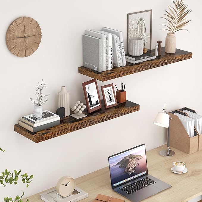 36"x9.3" Floating Shelves, 9.3 Inch Deep Floating Shelf, Rustic Wall Shelves 36 Inch Long, Large Display Shelves for Books, Deep Storage Shelf for Living Room, Laundry Room - Rustic Brown, Set of 2