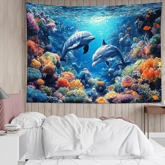 HVEST Blue Ocean Dolphin Tapestry Wall Hanging Tropical Fish Coral in Underwater World Wall Art Summer Sea Nature Landscape Tapestry for Bedroom Living Room Dorm Wall Decor, 40L X 60W inches