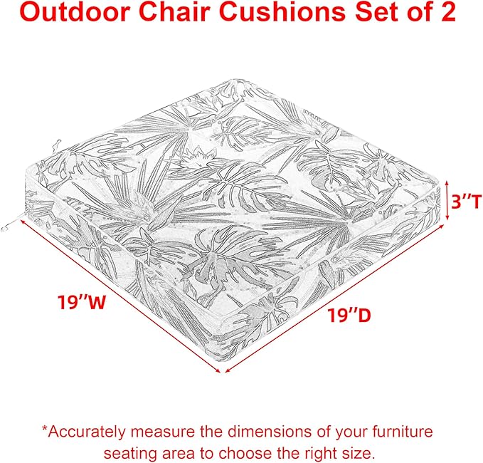 Favoyard Outdoor Chair Cushion 19 x 19 x 3 In Waterproof Pattern Fade Resistant Cushions for Patio Furniture with Removable Cover Attach Straps 28D Foam Insert Cushions Pads for Seat Sofa Couch 2 Pack