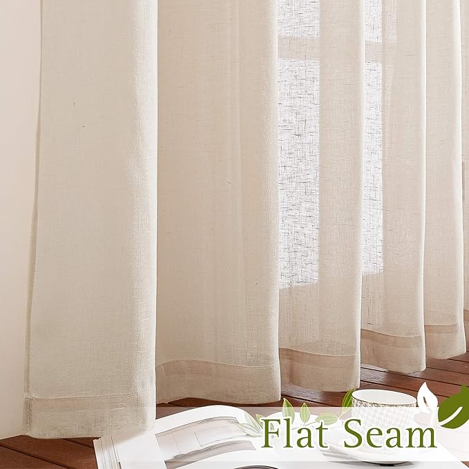 NICETOWN Semi Sheer Beige Curtains 84 inches Long, Grommet Retro Linen Curtains Window Treatments Vertical Drapes Privacy with Light Filter for Living Room, W52 x L84, 2 Panels
