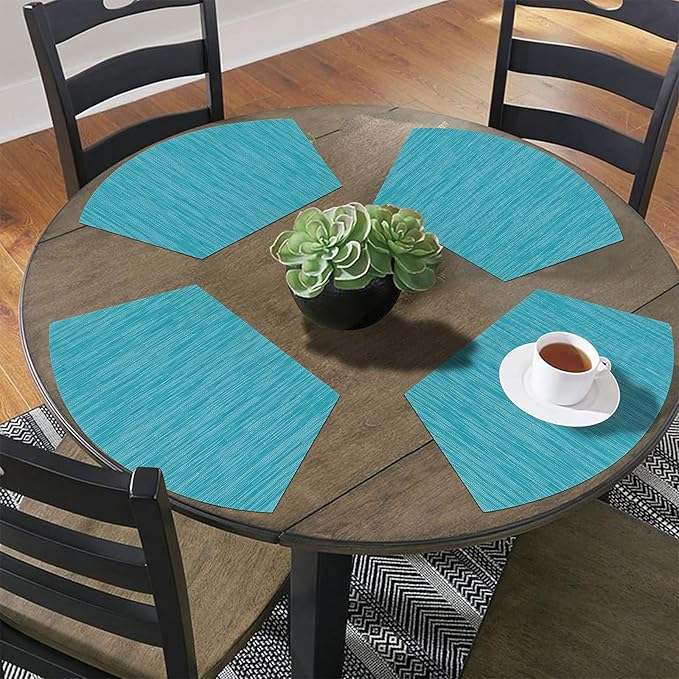 SHACOS Round Table Shape Placemats Set of 4 Wedge Placemats Heat Resistant Woven Vinyl PVC Table Mats Indoor Outdoor Wipe Clean (4, Teal Blue)
