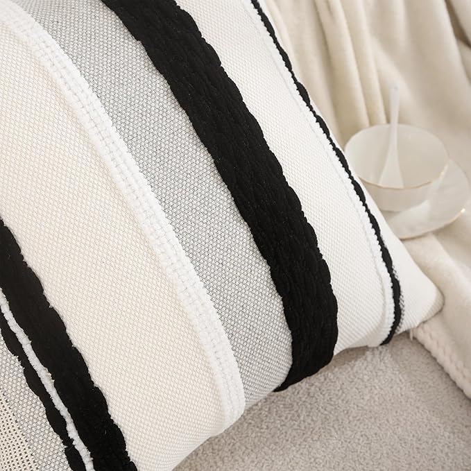 Tosleo Boho Throw Pillow Covers 18x18 Set of 2 Striped Decorative Pillow Cases Accent Chenille Pillowcases Farmhouse Cushion Case Bohemian Nuetral Textured Pillow Cover,Black and White