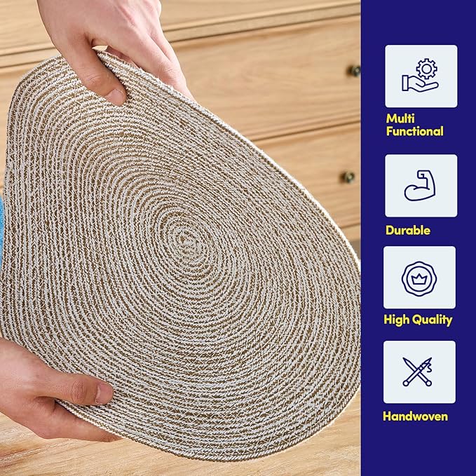 Round Placemats Set of 6-100% Cotton Two-Tone Placemat for Dining Table - Woven Braided Table Setting Place Mat - Washable Table Decor for Kitchen, Farmhouse, Rustic, Everyday Use, Eggshell