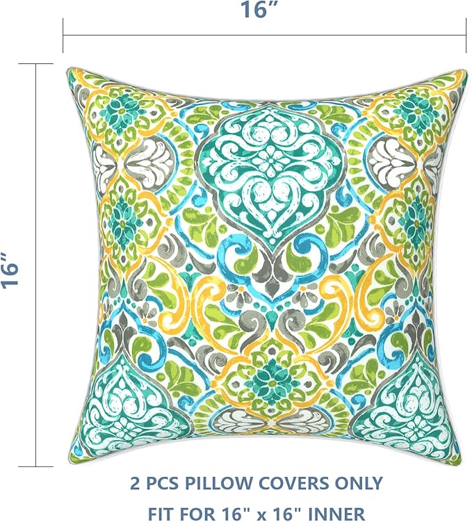 LVTXIII Outdoor Throw Pillow Covers Waterproof Tropic Accent Pillow Cases Fluffy Outdoor Cushion Covers for Garden and Patio Furniture Decoration, 16x16, 2 Pack, Damask Green