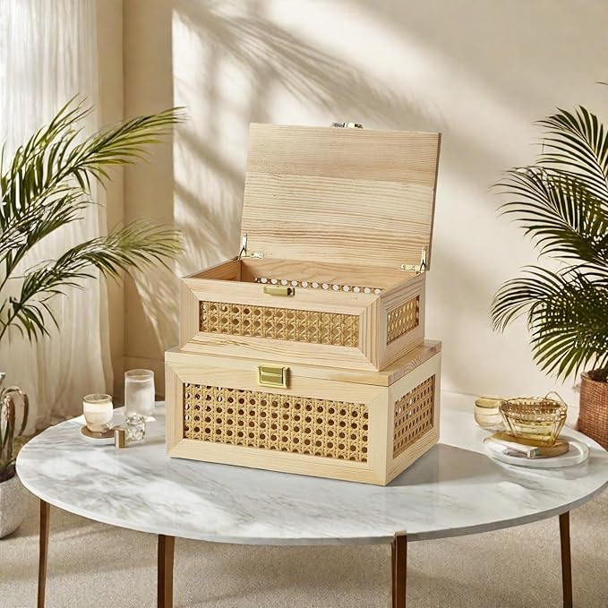 2PCS Decorative Rattan Storage Boxes Solid Wood Baskets Bins with Lid Keepsake Memory Jewelry Box Natural Boho Shelf Wicker Closet Desk Organizer Container (Light Wood, 1 Large 1 Small)