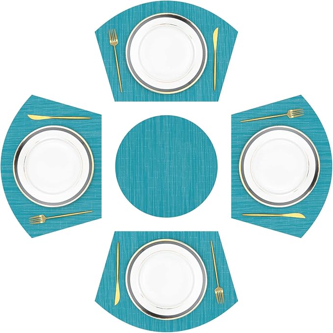 SHACOS Large Size Wedge Placemats with Centerpiece Set of 5, PVC Woven Vinyl Place Mats for Round Table Washable Indoor Outdoor Table Placemats, Blue