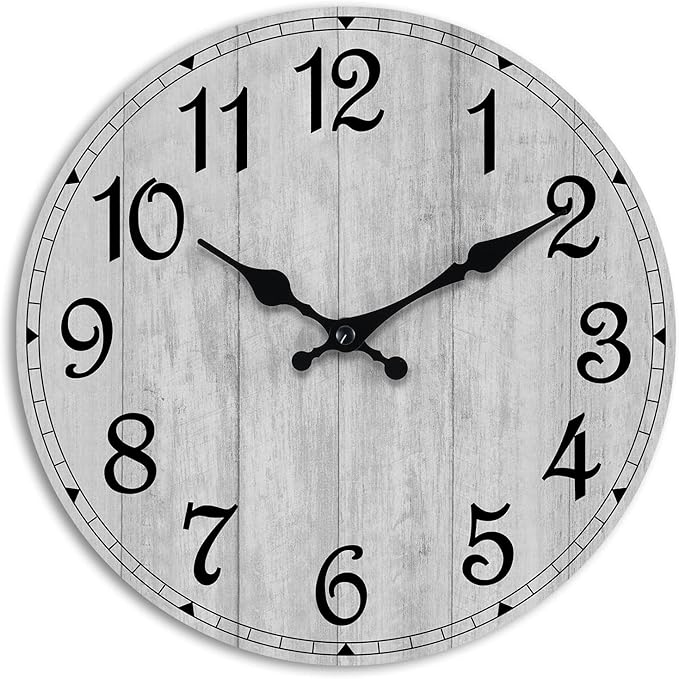 HYLANDA Wall Clock, 10 Inch Wall Clocks Battery Operated Silent Non Ticking, Country Wooden Clocks Farmhous Clock for Bathroom, Living Room, Kitchen, Bedrooms (Gray)