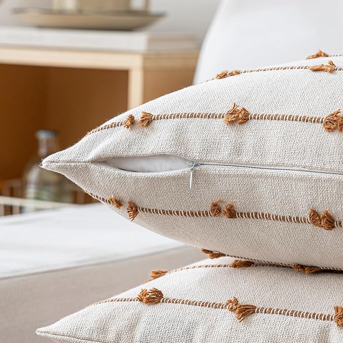 Boho Throw Pillow Covers 12x20 Set of 2 Modern Farmhouse Decorative Cushion Case Tufted Square Pillows Cover Neutral Pillow Cases Accent Pillowcase for Sofa,Couch,Bed,Beige and Brown