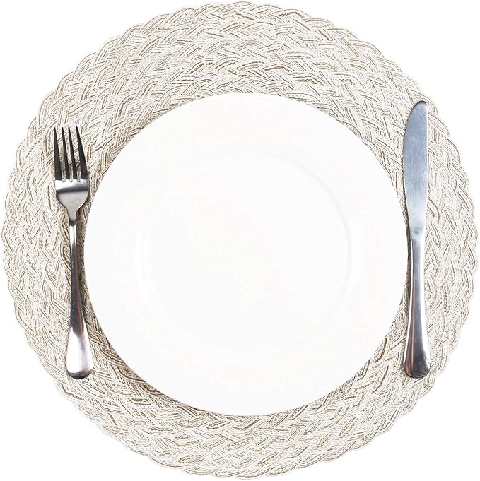 SHACOS Round Braided Placemats 15 inch Set of 6 Boho Thick Washable Kitchen Table Placemats for Home Wedding Party (T-Ivory, 6)