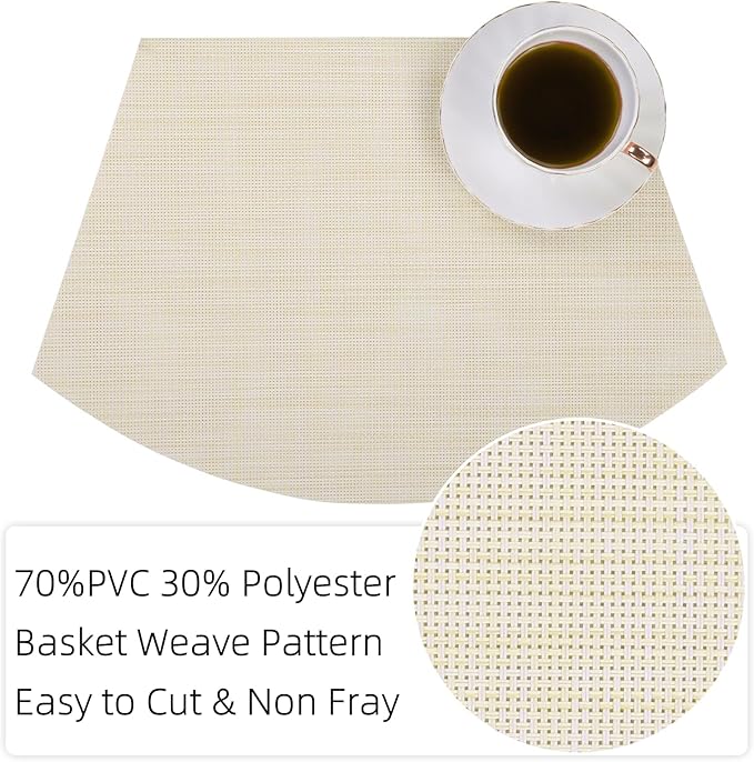 SHACOS Wedge Placemats Set of 4 Woven Vinyl Small Round Table Placemats Wipe Clean Table Mats for Round Dining Table Indoor Outdoor, Beige White