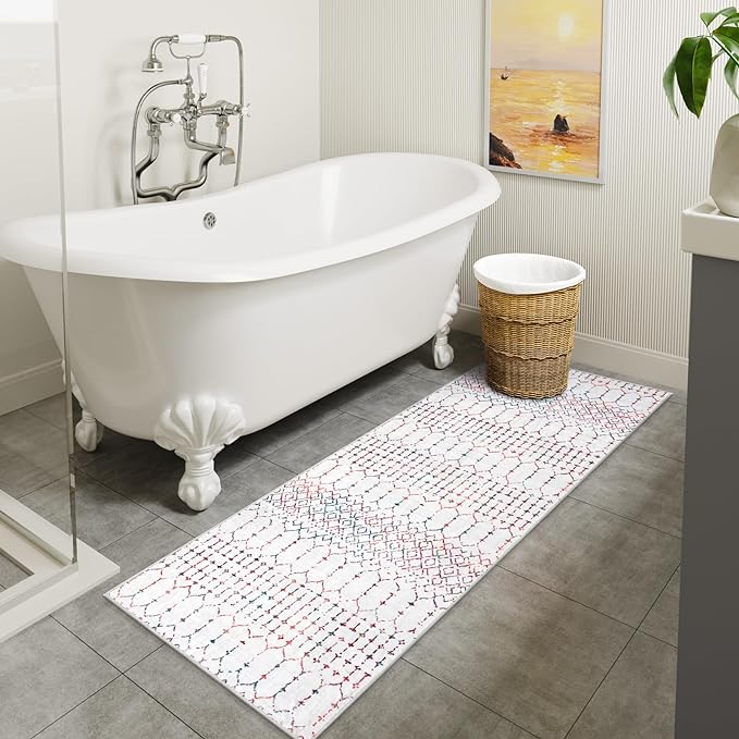 Lahome Moroccan Long Kitchen Rugs Runners - 2x8 Rug Runners for Hallways Low-Profile Non Slip Rubber Backed Carpet, Geometric Print Distressed Floor Mat for Entryway Laundry Room Foyer