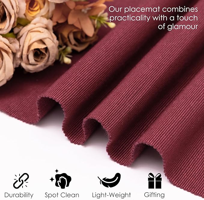 RAJRANG Tibetan Red Placemats Set of 6, Cotton Ribbed Tabletop, Non-Slip Wrinkle Free Kitchen Table Mats for Dining Table, 13x19 Inch