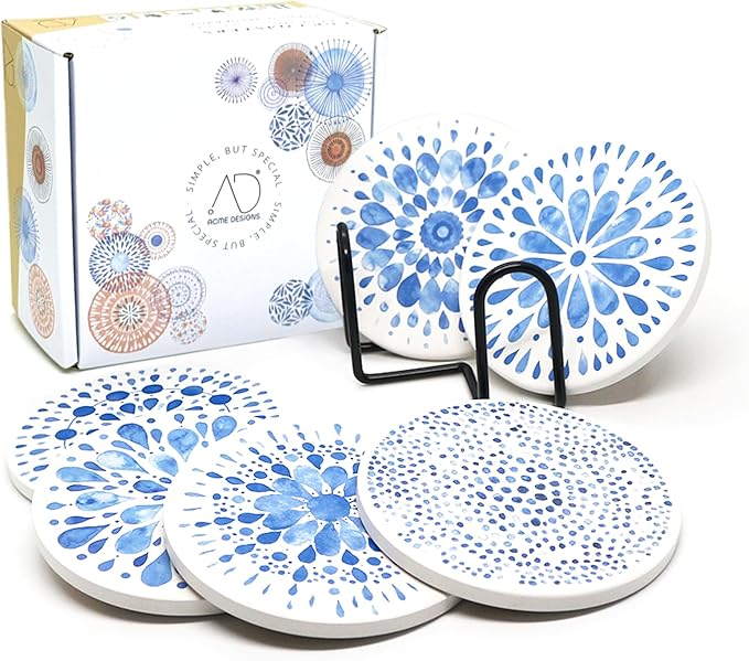 AD Set of 6 Coasters for Drinks Absorbing Round Ceramic Stone Coaster with Cork Base,Tabletop Protection Mat for Mugs and Cups,Office,Kitchen (Indigo Blue 2 with Holder)