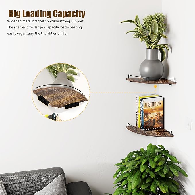 Corner Floating Shelves, Rustic Brown Wood, Set of 2, Wall Mount Storage with Guardrail for Bathroom Kitchen Living Room