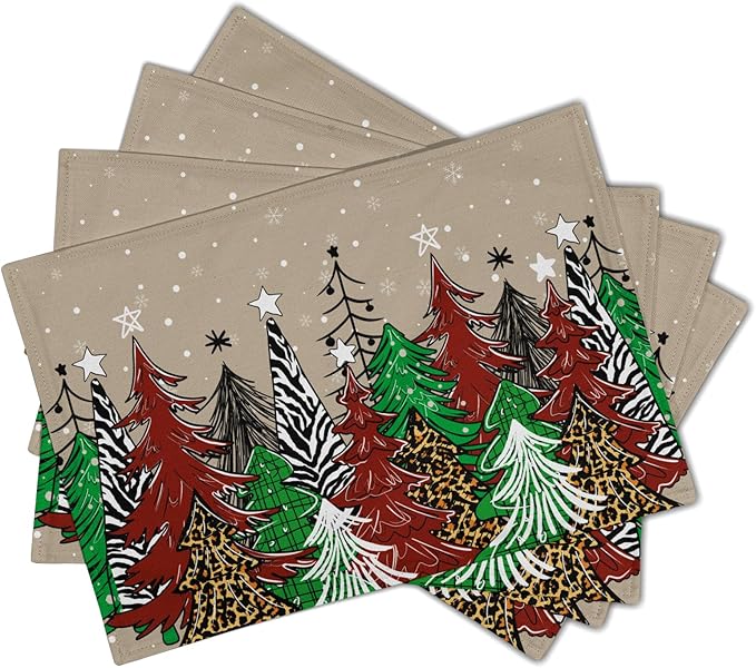 Watercolor Xmas Tree Placemats for Dining Table Set of 4, 12 x 18 Inch Winter Snowflake Heat Resistant Xmas Linen Dining Table Mats for Home Kitchen Tabletop Decoration