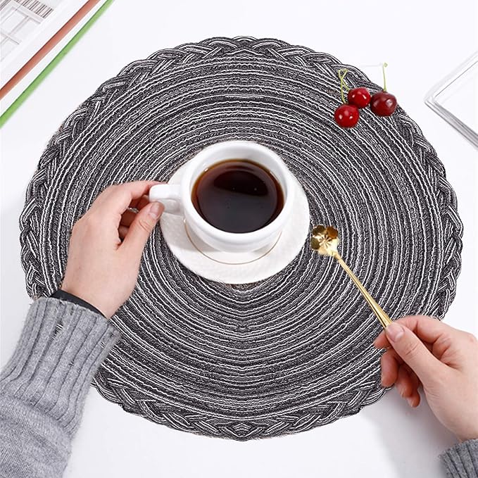 Round Cotton Placemats - Indoor and Outdoor Table Mats for Dining Tables, 15 inch (Gray and Black, Set of 4)
