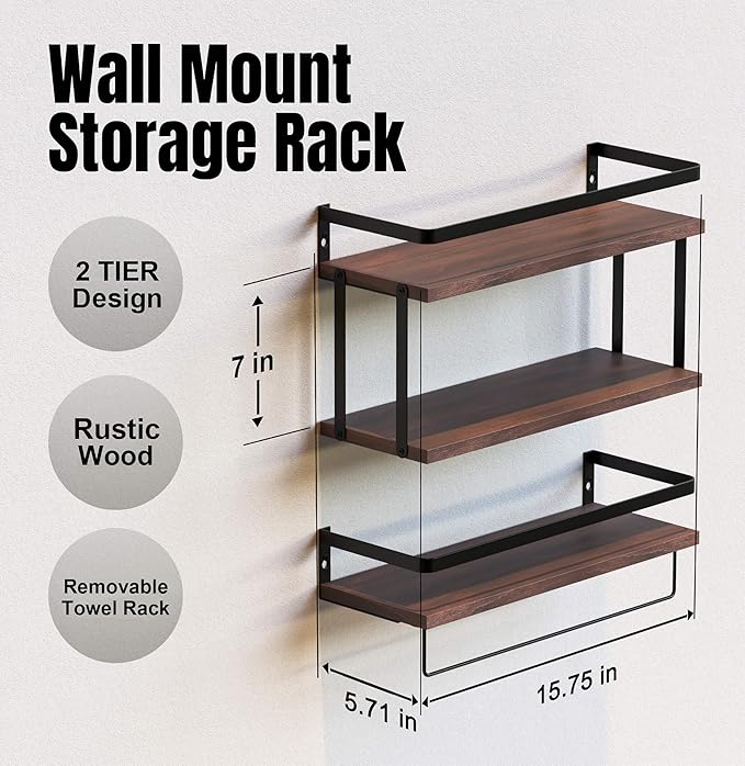 RICHER HOUSE 2+1 Tier Wall Mounted Floating Shelves Set of 2, Rustic Wood Shelf with Metal Frame, Extra Storage Rack for Bathroom, Kitchen, Bedroom with Tissue Rack & Towel Bar - Rustic Brown