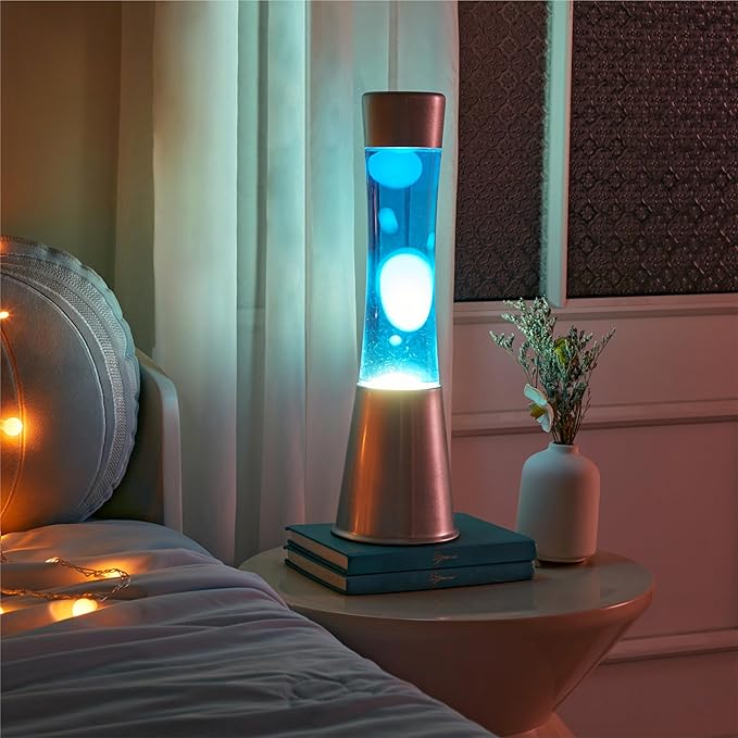 15.43" Cylinder Glow Lamp with Silver Base, Blue Liquid and White Wax, Novelty Lamp and Home Décor for Adults, Teens and Kids