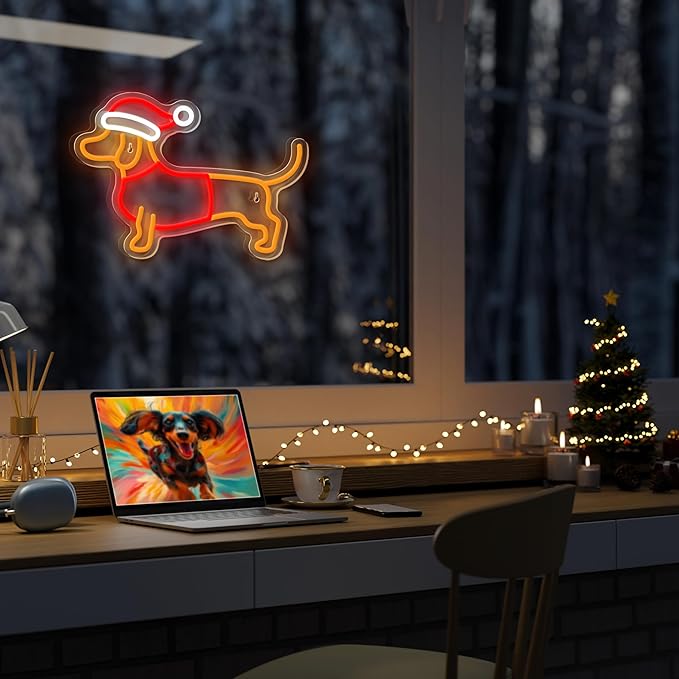 Dimmable Dachshund Neon Sign - Cute Dog with Christmas Hat - Led Light Sign for Home, Bedroom, Party Decor
