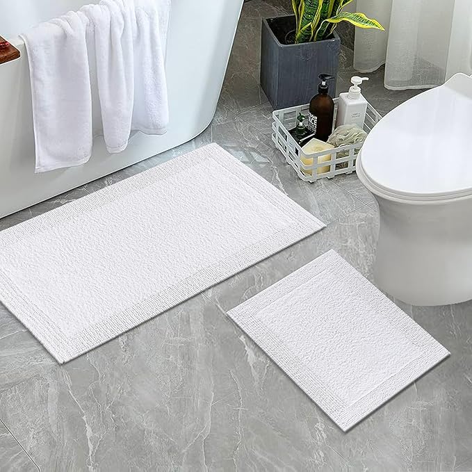 Bedding Craft Cotton Bathroom Mat Set, Reversible Water Absorbent Bath Mat Rug, Machine Washable, 2 Pieces (17x24 + 21x34)