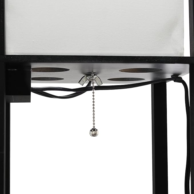 Simple Designs LF1037-BLK Floor Lamp Etagere Organizer Storage Shelf with 2 USB Charging Ports, 1 Charging Outlet and Linen Shade, Black