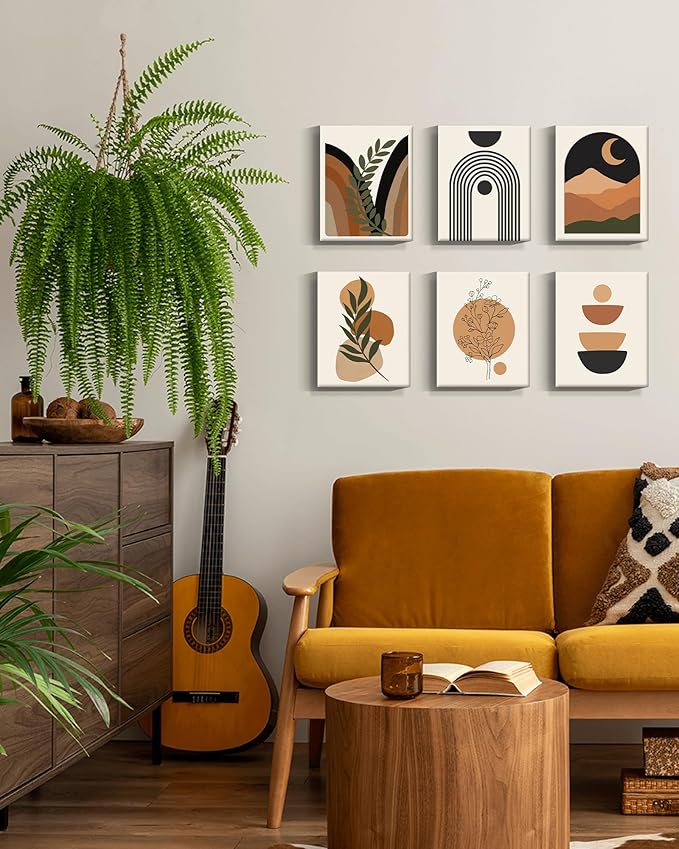 Drsoum Boho Wall Decor Minimalist Bohemain Wall Art Mid Century Modern Abstract 𝗙𝗿𝗮𝗺𝗲𝗱 Room Decor Moon Phases Wall Painting For Bedroom Home Decor Set of 6, 8x10in (Framed)