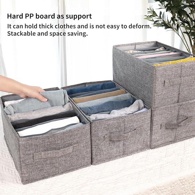 Fixwal 4pcs Wardrobe Clothes Organizer with Board Closet Organizers and Storage 7 Grids Divider Organizers Washable Compartment Storage Bins for Jeans T-shirt Pants Legging