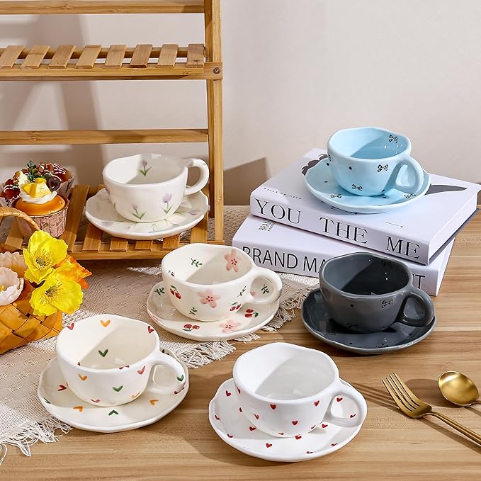 Koythin Ceramic Coffee Mug with Saucers, Handmade Flowers Mugs, Cute Cup for Girl Women, Aesthetic Tea Milk Cup with Handle, 8.5 oz/250 ml for Latte, Cocoa, Office, Home (Blue Small Bow)