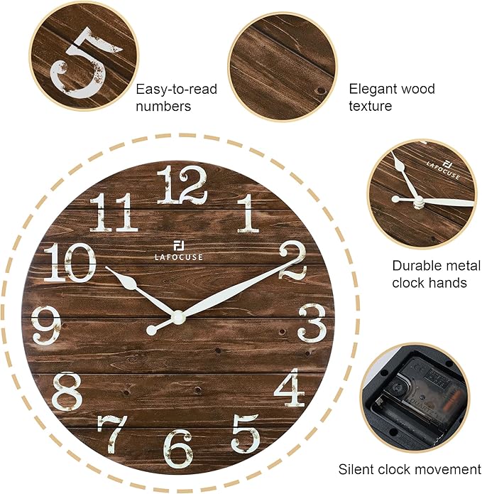 Lafocuse 12 Inch Silent Brown Wall Clocks for Kitchen Living Room Decor, Wooden Rustic Wall Clock Battery Operated, Decorative Farmhouse Clock