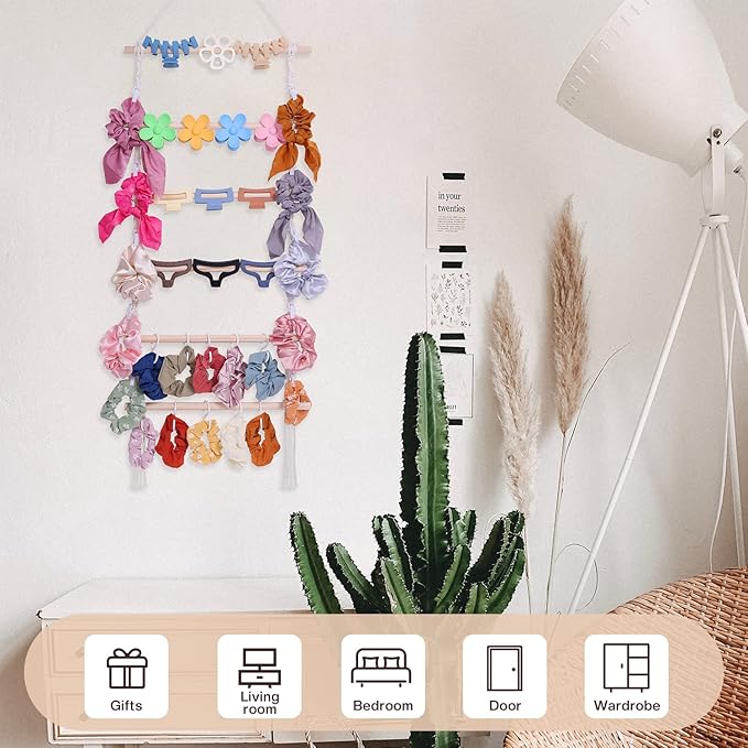 Macrame Hair Claw Clip Organizer, Hanging Bow Hanging Hair Clip Holder and Storage for Women Girls Hair Accessories, Boho Wall Decor, Suitable Home Door Closet Bedroom Decor