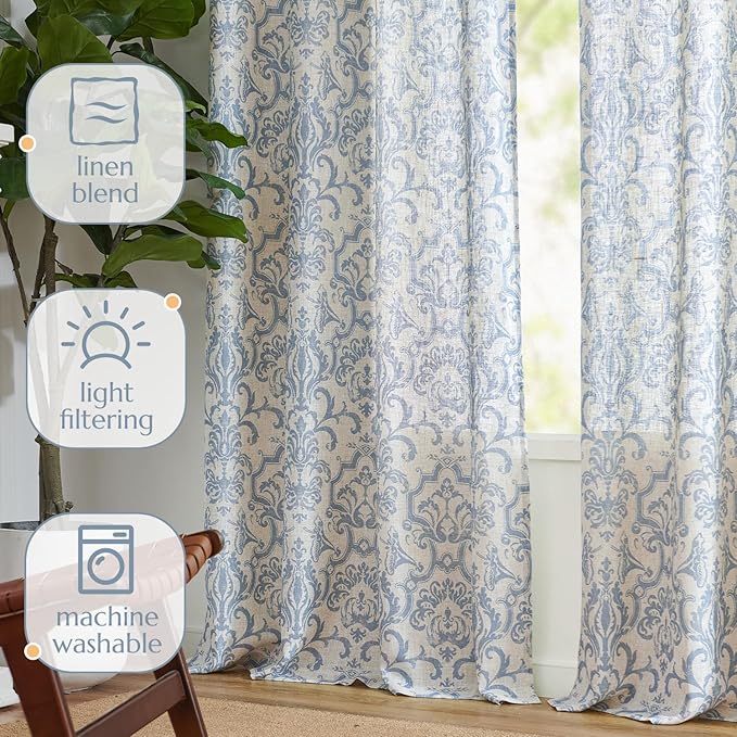 jinchan Linen Curtains for Bedroom Blue Curtains Damask Patterned 84 Inches Long for Living Room Light Filtering Vintage Curtains Baroque Style Drapes Grommet Window Treatments 2 Panels Set