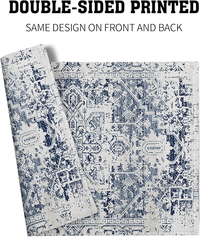 Navy Blue Grey Ethnic Boho Placemats Set of 4 Bohemian Carpet Vintage Gray Linen Washable Kitchen Dining Table Mats Stain Heat-Resistant Desktop Decor Place Mats for Home Party Indoor 12x18 in