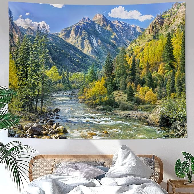 Kanuyee Mountain Tapestry Nature Landscape Wall Tapestry for Bedroom Mountain River Tapestries Aesthetic Living Room Decor Nature 44×60 Inches