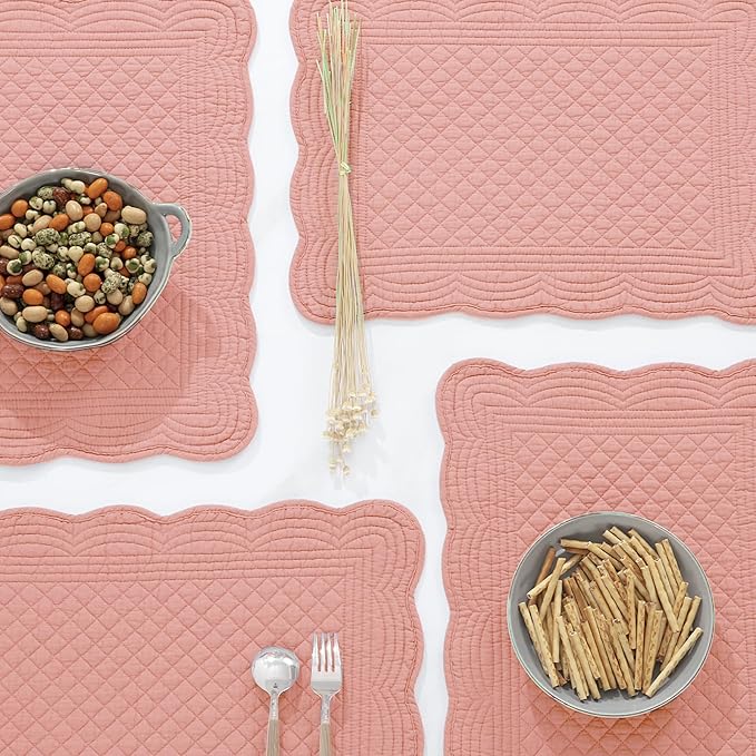 HOMBYS Quilted Placemats Set of 6 Washable-13x18 inches Rectangular Placemats for Kitchen Table-100% Cotton Fabric Rectangular Table Mats, (Blush)