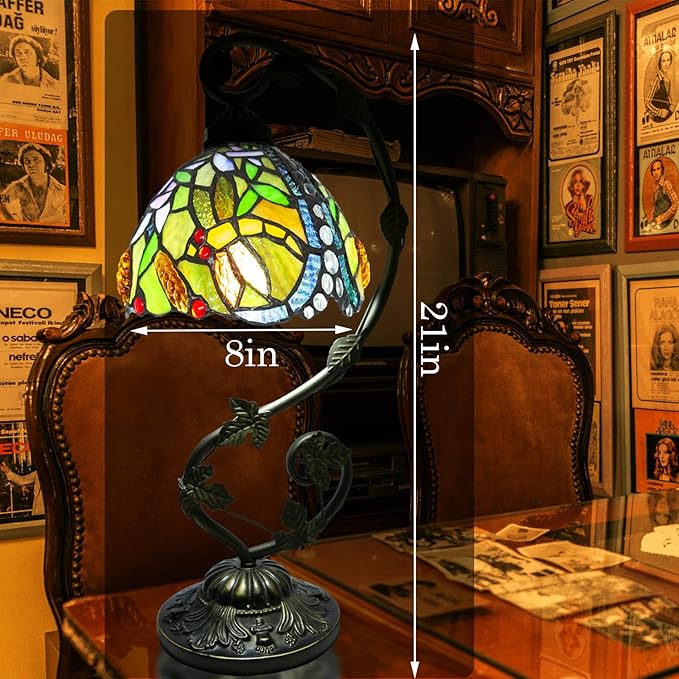 Tiffany Lamp,21x11x8 inches Stained Glass Lamp,Dragonfly Tiffany Style Table Lamp with Three-Color Dimming for Bedside Table,Dining Table,Antique Office