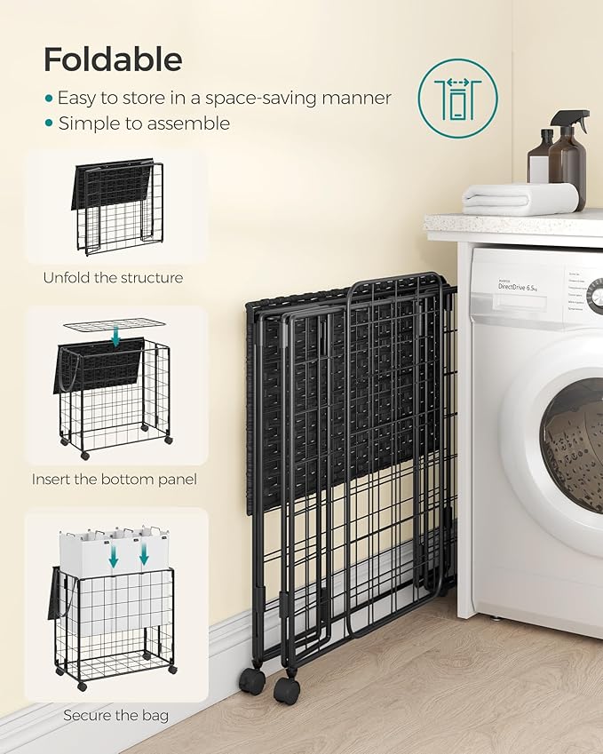 SONGMICS Laundry Hamper, 130L Laundry Basket with Lid, Clothes Hamper with Wheels, Collapsible Removable Liner Bag, Iron-Made Laundry Sorter, Ink Black and Cloud White ULCB313B12