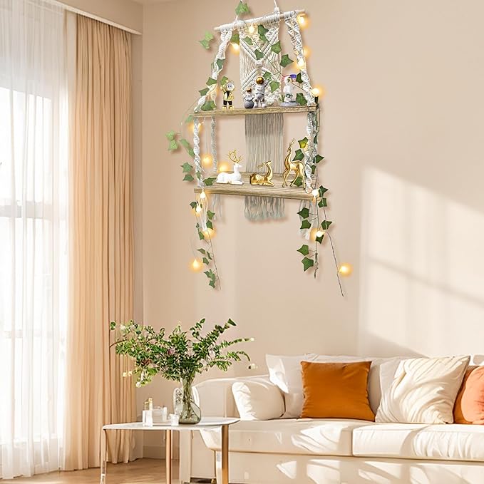 2 Tier Handmade Macrame Shelf, Boho Hanging Shelves, Macrame Wall Hanging Shelf with LED Light and Green Vine, Home Storage Cottage Core Bedroom Decor